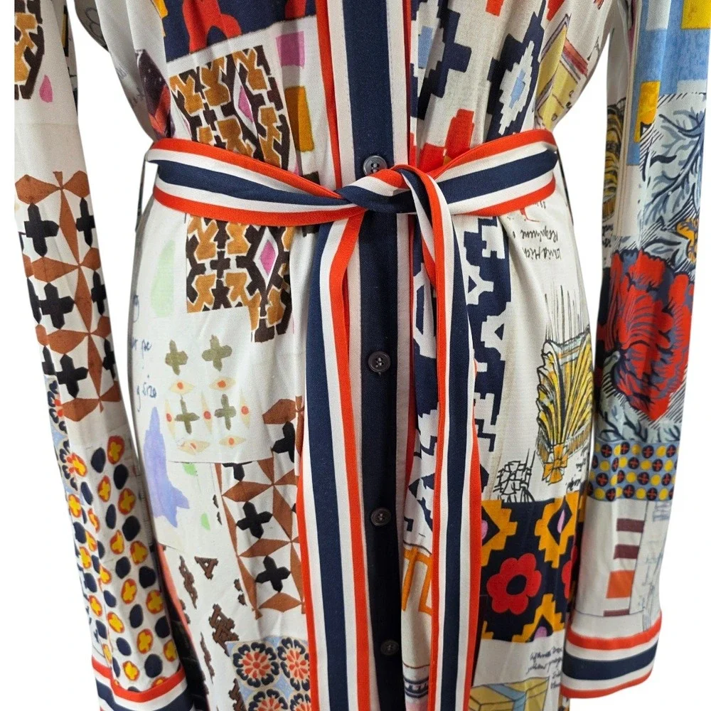 Tory Burch Womens L Silk Blend Laurence Scrapbook Belted Shirtdress - Picture 4 of 16